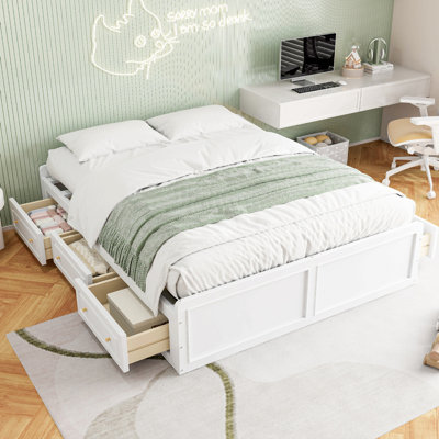Wood Queen Size Platform Bed Frame With 6 Drawers