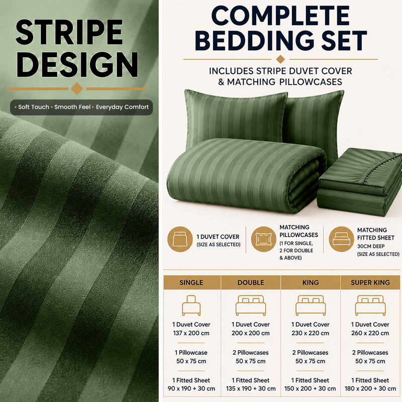Striped Microfiber Complete Bedding Set | Duvet Cover, Deep Fitted Sheet & Matching Pillowcases, Olive Green Striped