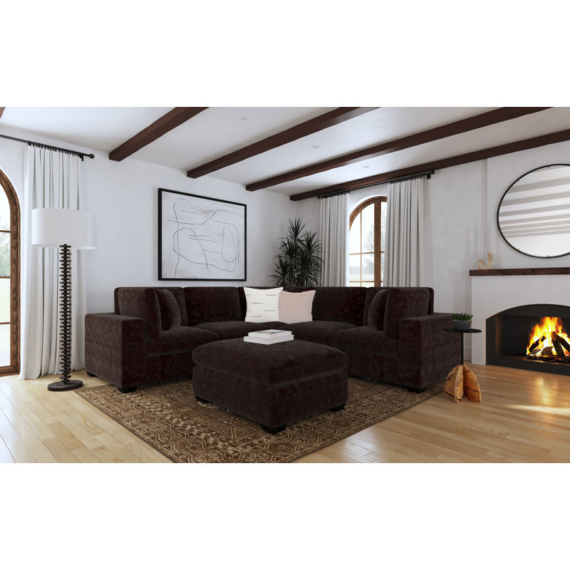 Canapé modulaire avec repose-pieds 6 pièces Jenette, Chenille chocolat noir, Noir