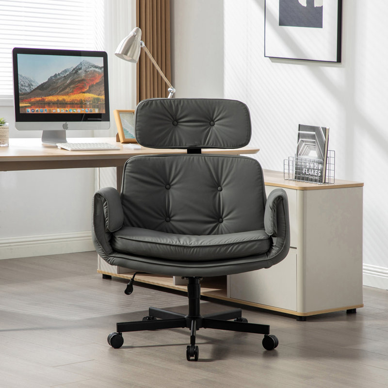 Gray Cross Task Chair With 6 - Gear Adjustable , Wheels, And Removable Ideal For Gaming Computer Rooms Swivel Design, Wheels Pu Lounge Makeup