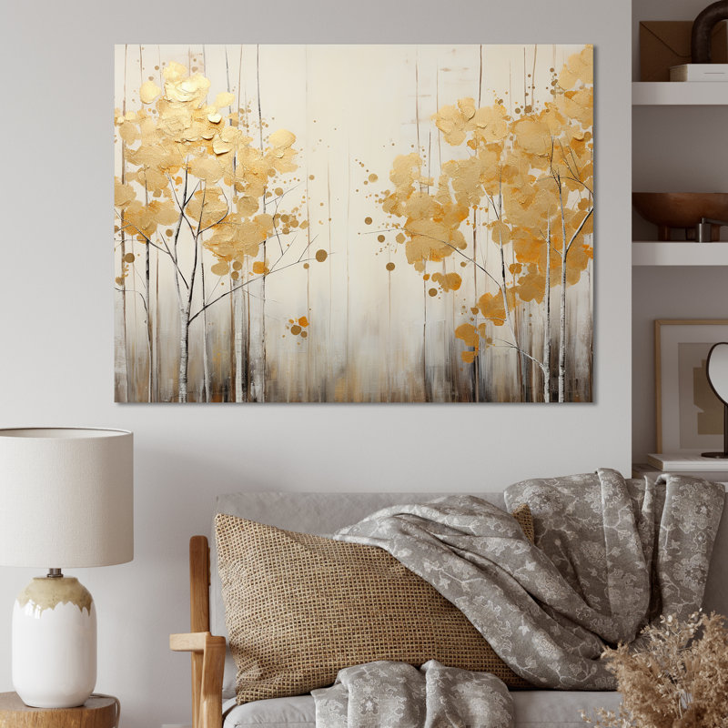 «Minimalisme blanc et or forêt I», art sur toile, Toile tendue, H 30 po x l 40 po x P 1,5 po