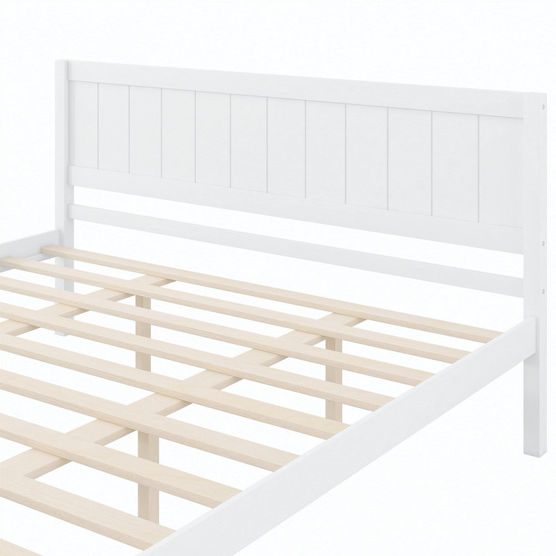 Structure de lit plateforme avec tête de lit, support à lattes de bois, aucun sommier nécessaire, très grand, blanc, White