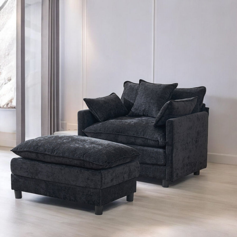 39.3" W Upholstered Accent Armchair With Ottoman, Black