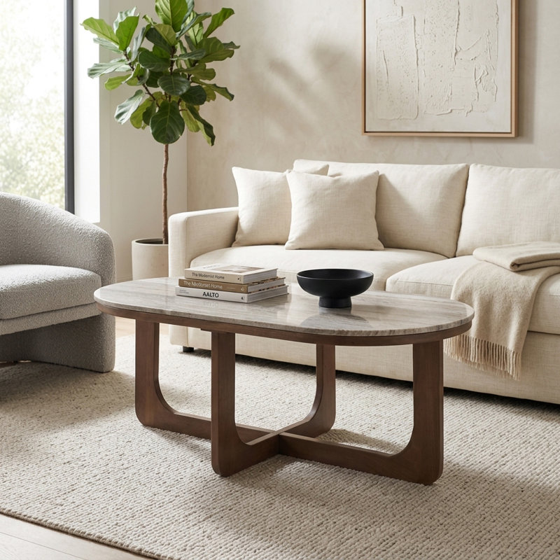 Table basse Adonia moderne en marbre et en bois pour le salon - petite table d'appoint avec base piédestal pour décoration intérieure élégante - brun clair et brun