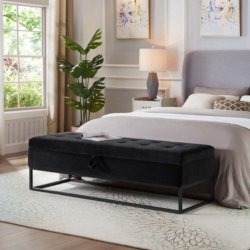 58.6" Bed Bench Metal Base With Storage Velvet, Black, Black