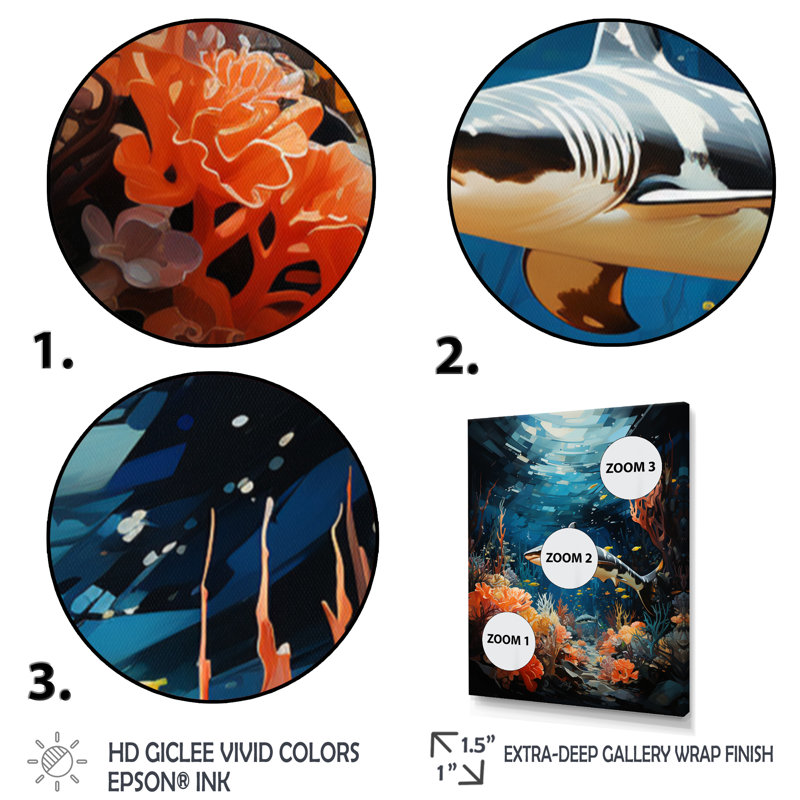 Teal Shark Animal Coastal Creatures " Teal Shark Animal Coastal Creatures ", 40" H x 30" W x 1.5" D, Gold Floater Framed