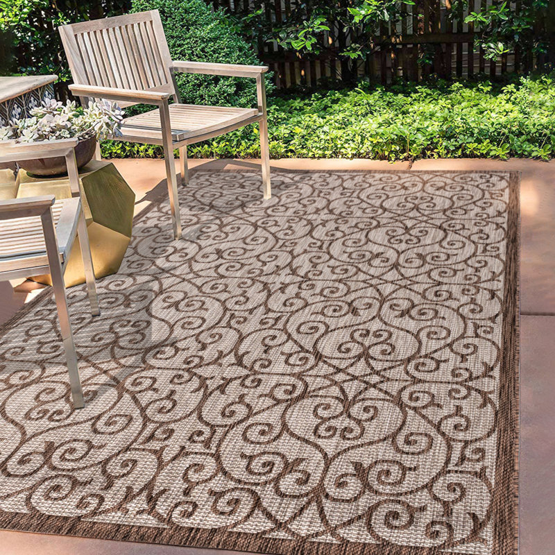 Haggerty Vintage Filigree Textured Weave Taupe/Espresso Indoor/Outdoor Rug, Rectangle 7'9" x 10'