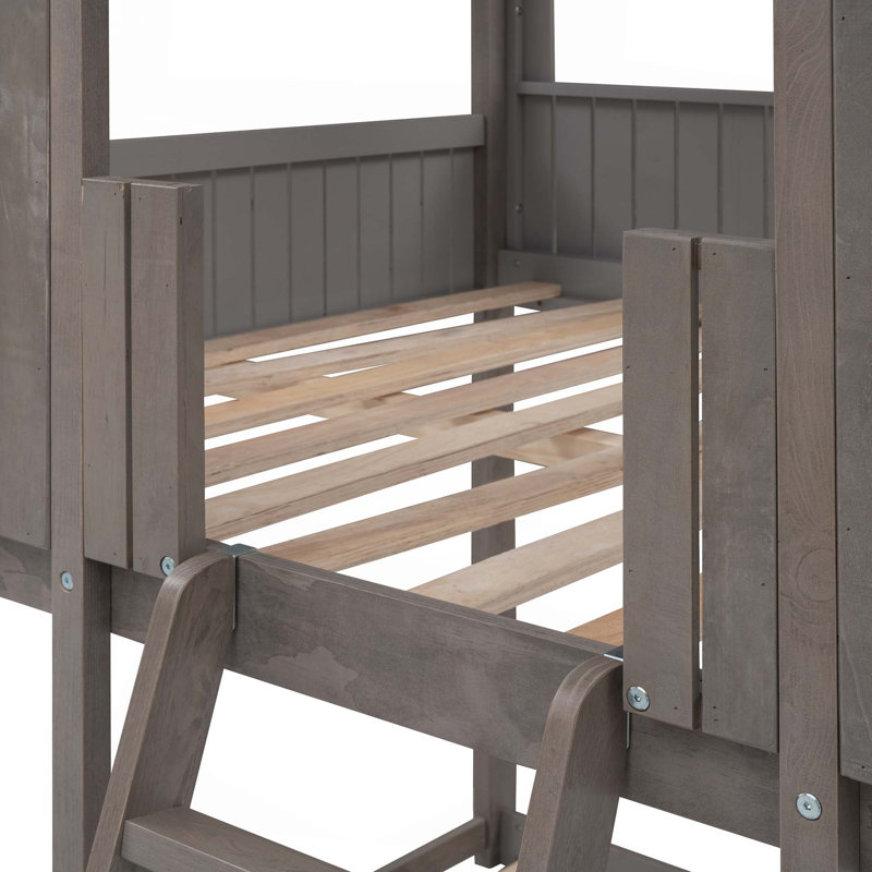 Full Over Full Woodbunk Bed With Roof, Window, Guardrail, Ladder, Antique Gray