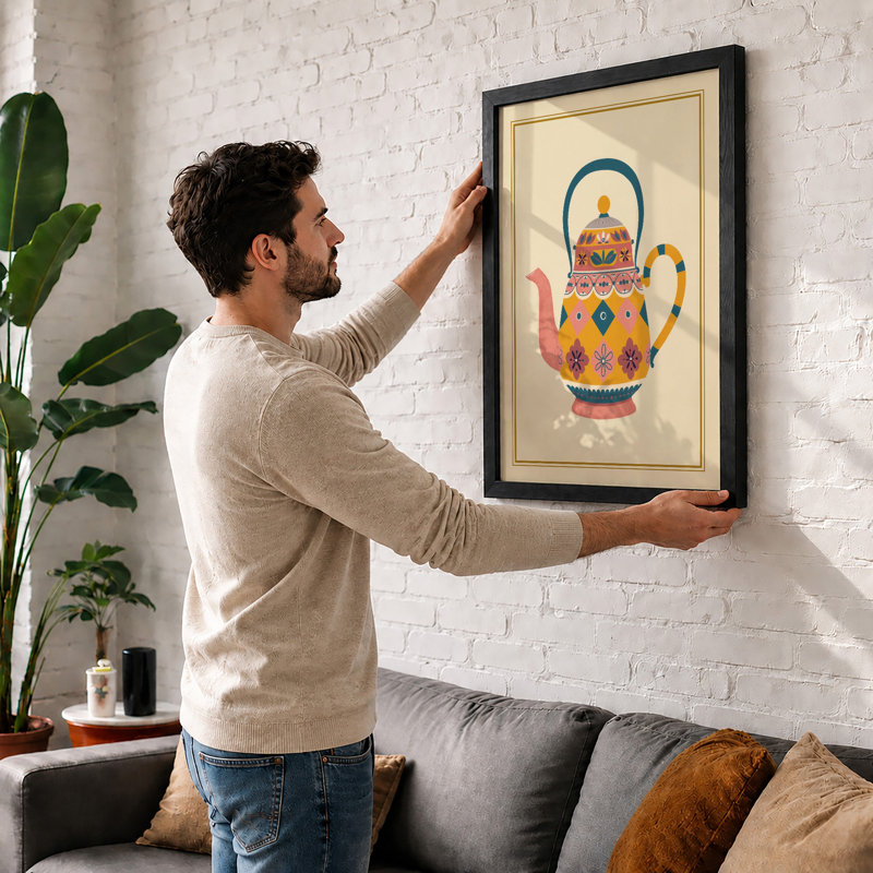 Folk Art Teapot Eclectic - Framed Print, A2 - 59.4 x 42.0 cm, Black