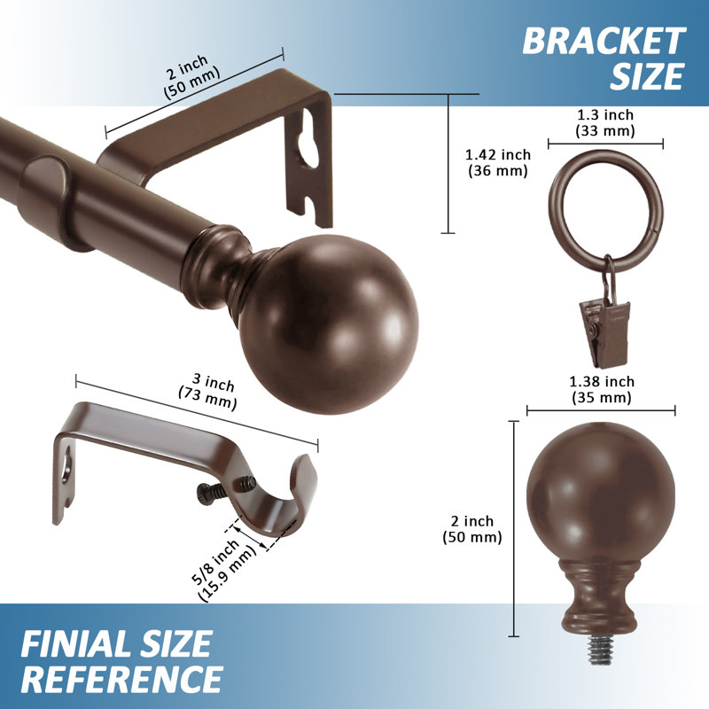 Tringle à rideaux simple ajustable Plante Ball, H 0,625 po x l 120 po x P 0,625 po, Bronze
