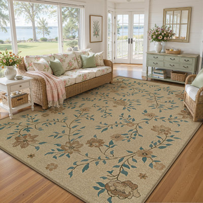 8' x 10' Neutral Floral Washable Jute Indoor Outdoor Area Rug