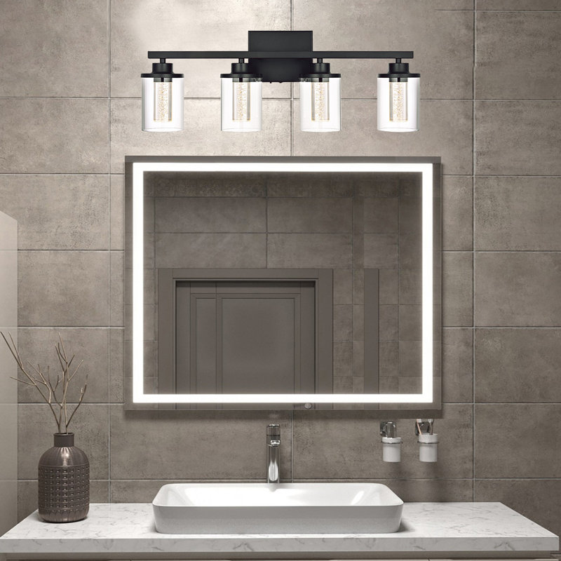 Appliques de meuble-lavabo à 4 lumières noir mat, appliques à DEL en verre bullé cristal à intensité variable 5 couleurs (blanc doux / blanc chaud / naturel / lumière du jour / blanc froid) pour la salle de bain, le couloir et le salon