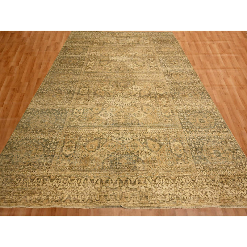Tapis oriental brun 10 pi x 13 pi 8 po, conception mamelouke, velours zéro, patiné, rasé à la main, 100% laine noué à la main