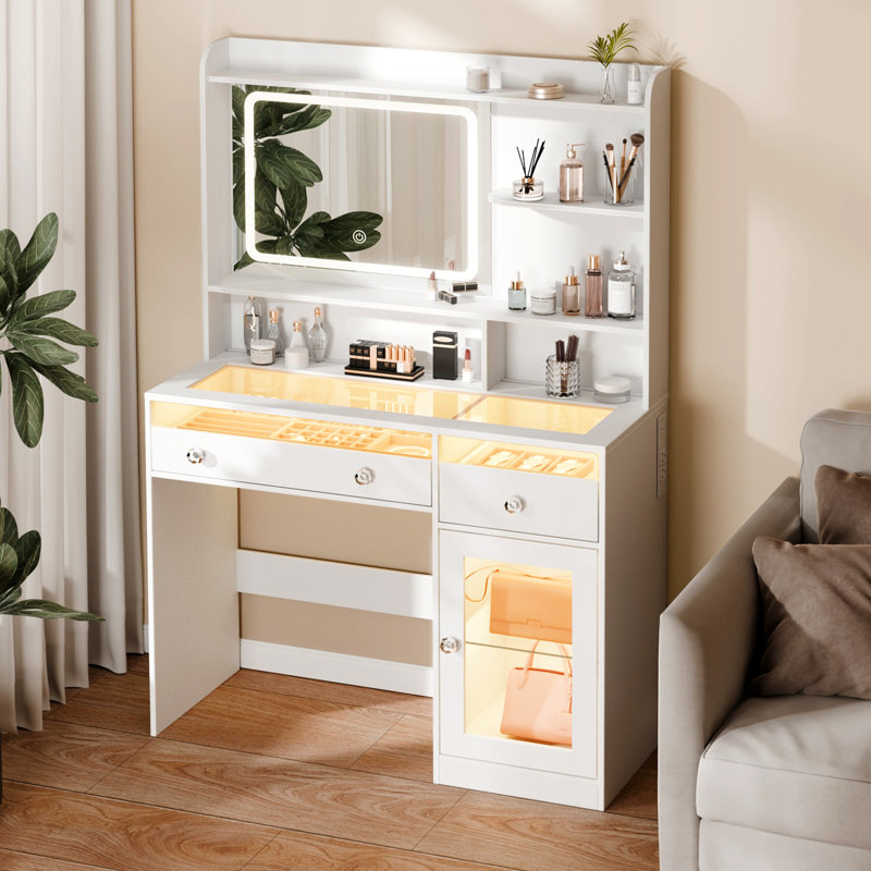 Makeup Vanity with LED-Lit Mirror & 2 Transparent Visible desktop Drawer & cabinet , Crystal Handle Cabinet ,3Open Shelves ,for bedrooms & dressing rooms