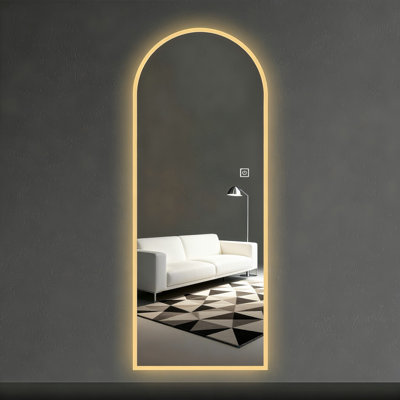 65" X 21" LED Full Length Wall Mirror, Symmetrical Arch Design With Frosted Glass Border, Dimmable 3 Color Temperature Lighting, Copper-Free Silver Glass, Hardwired Or Plug-In