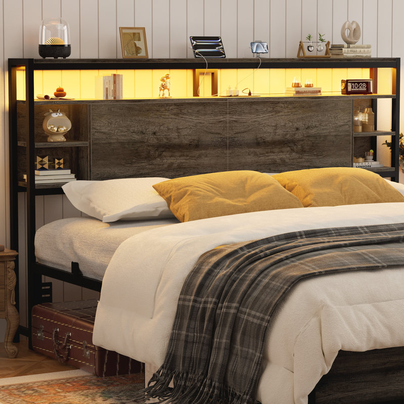 Wood Headboard with Led Lights & Charging Station, Gray, King