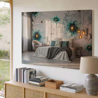 Toile dans une chambre à coucher tranquille, art mural en tissu aux teintes douces et légères orné de coussins surdimensionnés moelleux et d'une couverture texturée