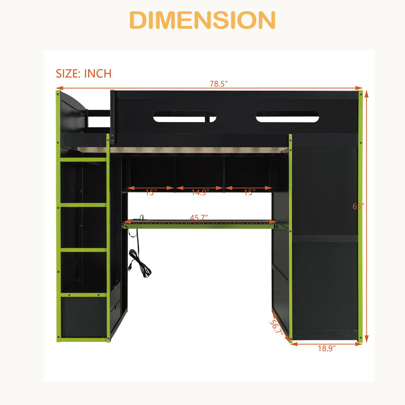 Lit mezzanine double en bois avec bureau, garde-robe, grand espace de rangement et lumière RVB, Vert