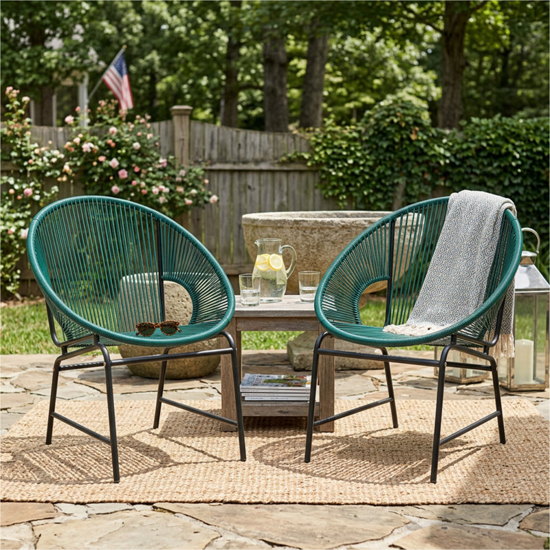 NUSA OUTDOOR PATIO WICKER CHAIR, TEAL PE RATTAN & IRON FRAME, SET OF 2