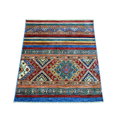 3 pi 3 po x 3 pi 7 po coloré, noué à la main, teinture végétale, laine naturelle, super Kazak afghan avec motif Khorjin, échantillon, tapis, tapis oriental