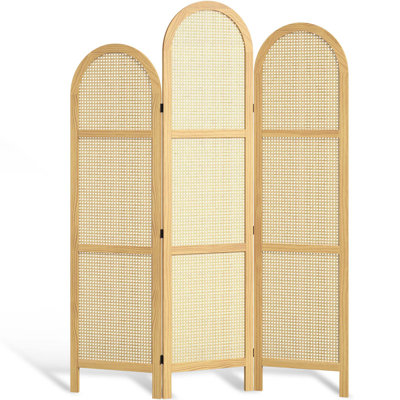 3-Panel Pine Wood Frame Room Divider with Natural Cane Design – Modern Japanese-Inspired Folding Screen by Bay Isle Home