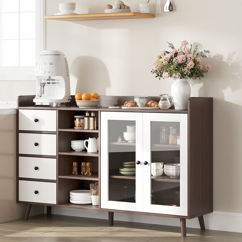 55 Inch Wooden Buffet Storage Cabinet, Coffee Bar Sideboard with 4 Drawers, 4 Open Shelves & 2 Glass Doors for Kitchen Living Room