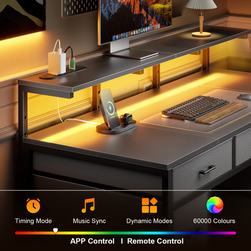 Metal Base Computer Desk with Power Outlet, Black/Black