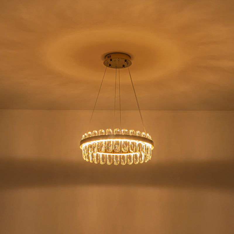 Lustre moderne en cristal doré, plafonnier encastré rond à DEL de 19,5 po, hauteur réglable de 15 à 80 po, blanc chaud à intensité variable 3000 K, compatible avec un plafond incliné pour la salle à manger et le salon