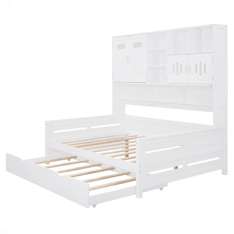 Full Size Wooden Daybed With Twin Size Trundle, And All-In-One Cabinet And Shelf, Full/Double, White