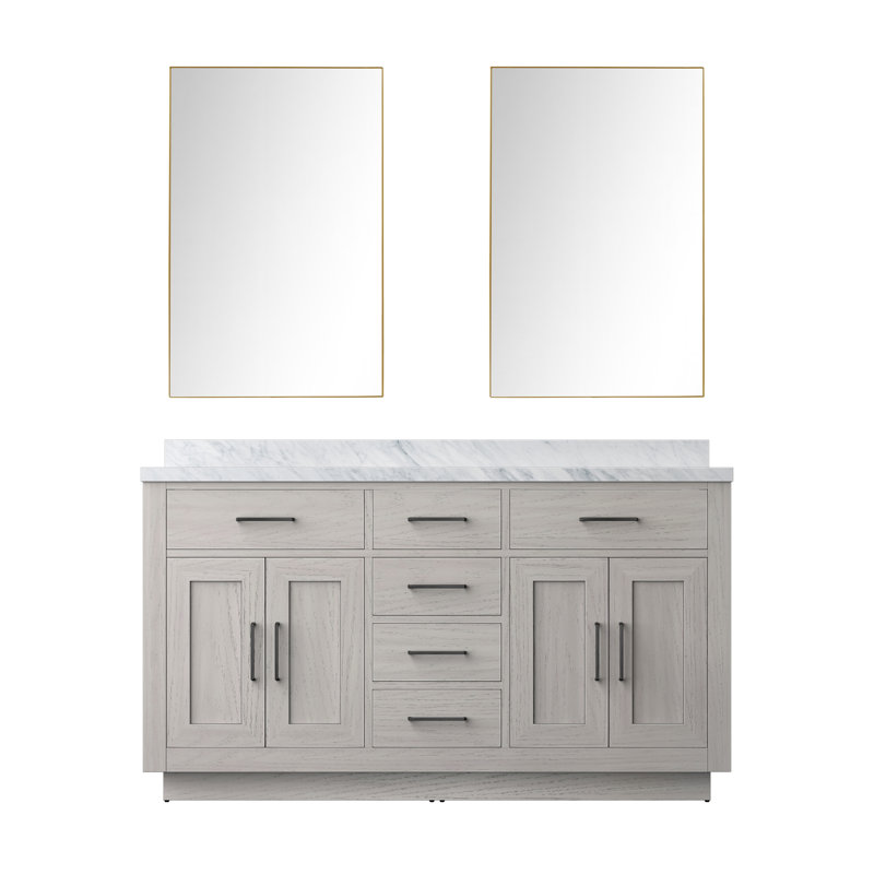 Meuble-lavabo double Shelter et miroirs 28 po, Chêne brun, 60", Marbre de Carrare blanc