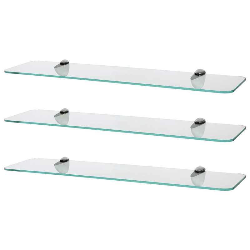 Harbour Housewares - Rounded Floating Glass Shelves with Metallic Brackets - Set of 3, Chrome, 13 H x 60 W x 0.5 D cm