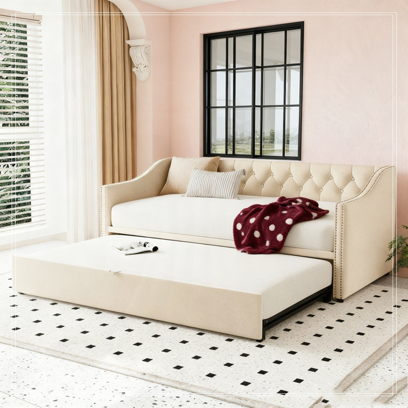 Upholstered daybed with Pop Up Trundle, Beige