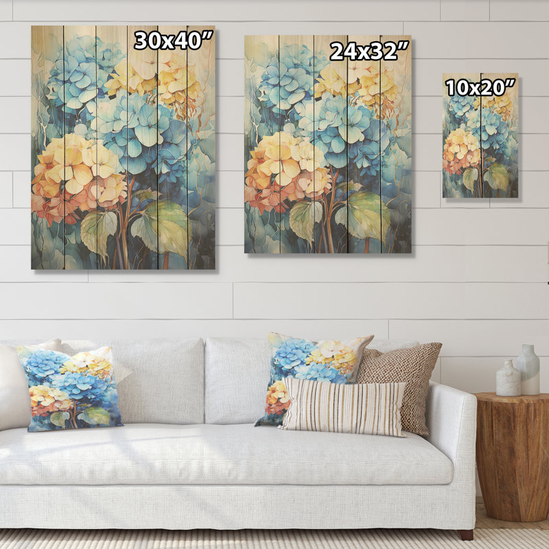 Hortensias en fleurs en bleu et jaune - Art mural en bois d'hortensias sur bois de pin naturel, H 20 po x l 10 po