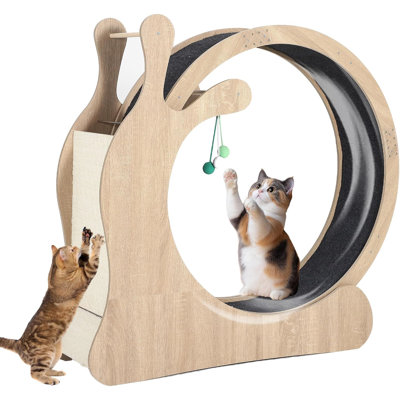 Grande roue d'exercice en bois pour chat de 33 po pour chats d'intérieur, tapis roulant pour chat silencieux avec planche à gratter en sisal, tapis amovible et boules de jeu pour grands chats