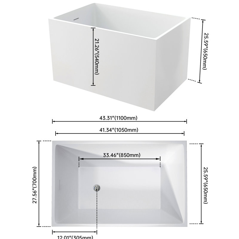 43-Inch Modern White Acrylic Soaker Bathtub With Non-Slip Design, High Gloss, Fiberglass Reinforcement, Comfortable Square Shape And Design For Deep Soaking, Luxury Chic Style Bath Tub, 43.19 Inches