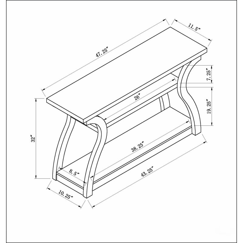 Canapé d'entrée, console de couloir, pieds courbés, deux tablettes, panneau supérieur épais, couleur chêne blanc