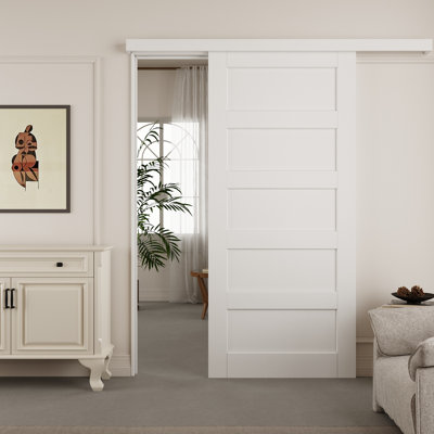Ready-To-Install White Primed 5-Panel Barn Door With Hidden Track System Installation Hardware Kit
