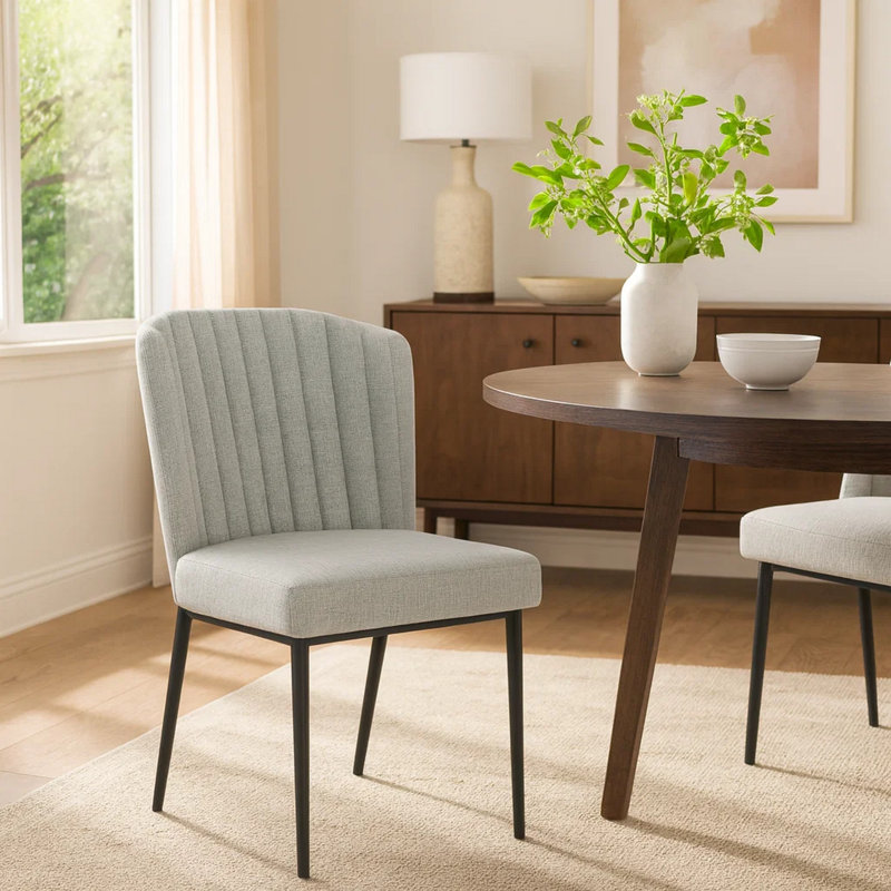 Ole Dining Chair Set Of 2, Black Metal, Channel Woven Fabric, Grey