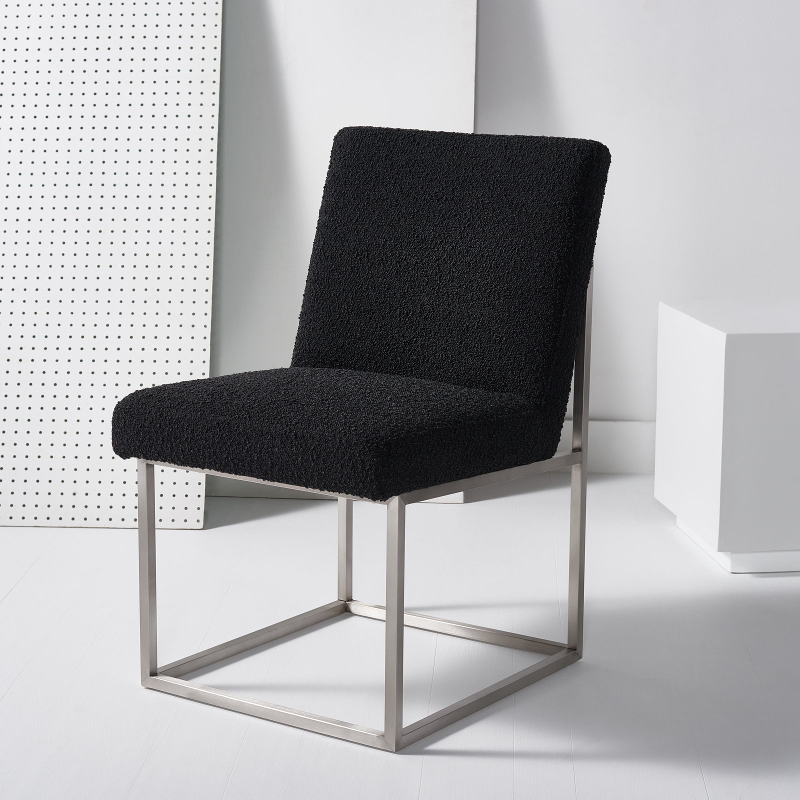 Athens Linen Side Chair, Silver, Black Boucle