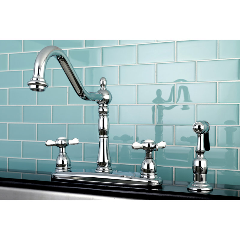 Kingston Brass Essex Two-Handle 4-Hole 8" Centerset Kitchen Faucet with Side Sprayer, Polished Chrome