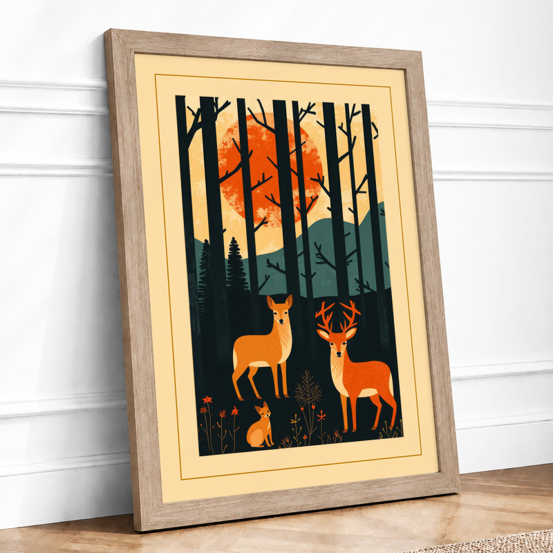 Deer at Sunrise Japandi - Framed Print, Oak, A3 - 42.0 x 29.7 cm