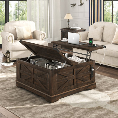 Table basse à plateau relevable 36 po avec rangement et prises de courant Farmhouse