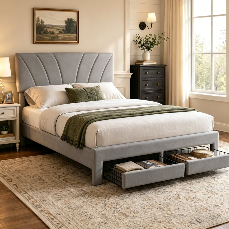 Structure de lit grand format avec 2 tiroirs de rangement, structure de lit grand lit tapissier avec tête de lit en velours, support de lattes en bois, aucun sommier requis, assemblage facile, gris