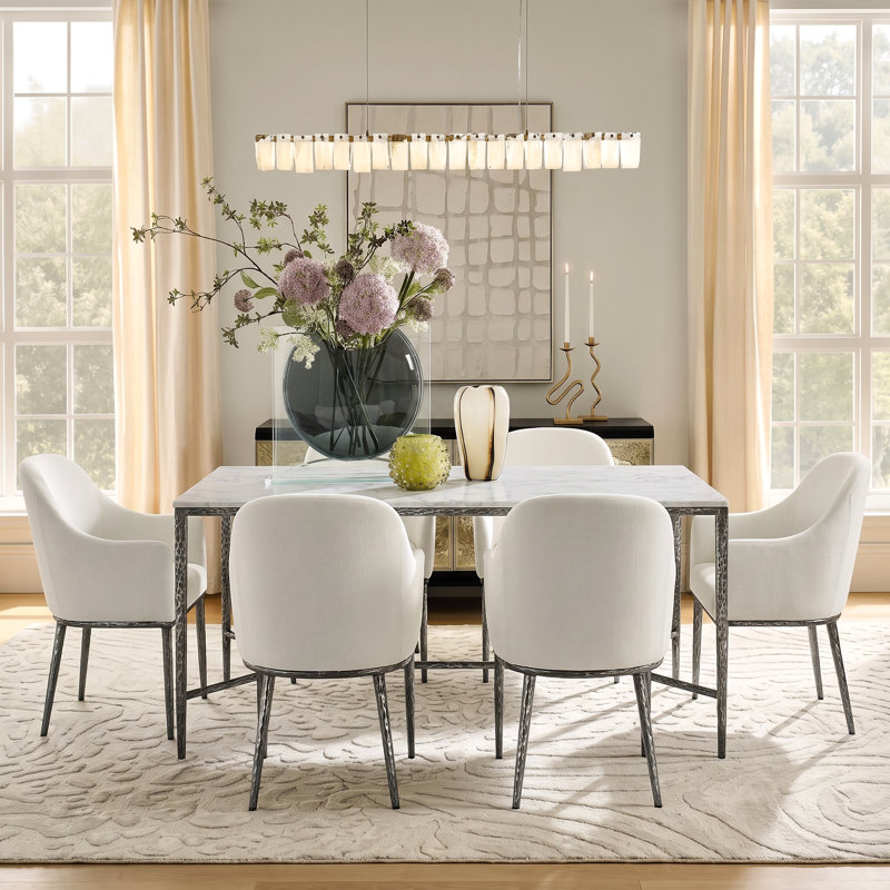 Ensemble de salle à manger 7 pièces Fernand avec table d'appoint en marbre et chaises rembourrées, Beige / étain forgé