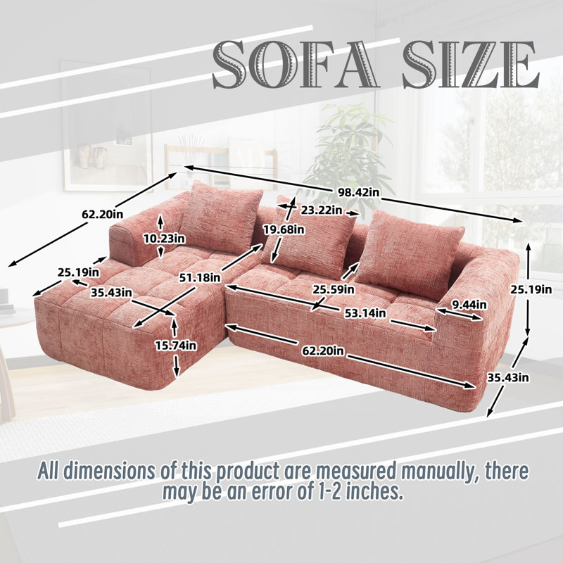 Modular Sectional Sofa, L-Shaped Sofa With Small Side Pockets, Pink Chenille