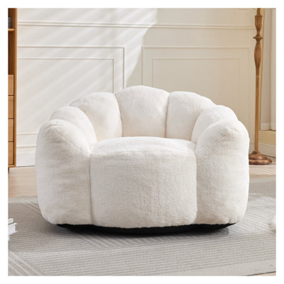 Lotus Type Compression Adult Bean Bag Chair - Faux Fur Lounge Chair with Pull Ring, No Assembly Required, Portable White Accent Chair for Living Room & Bedroom