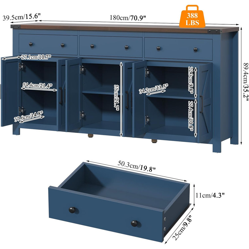 71'' Large Farmhouse Sideboard with Adjustable Shelves and 3 Large Drawers, Blue