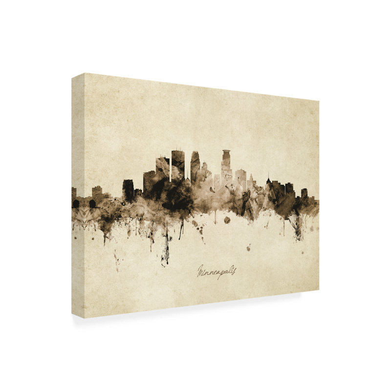 Art sur toile de Michael Tompsett «Minneapolis Minnesota Skyline Vintage», H 18 po x l 24 po x P 2 po