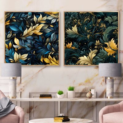 Feuille bleue et verte Harmony - Ensemble de 2 collages floraux et botaniques carrés