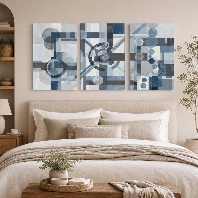 Ensemble de 3 tableaux sur toile représentant des cercles géométriques abstraits bleus et gris, 24"H x 16"W x 3pcs